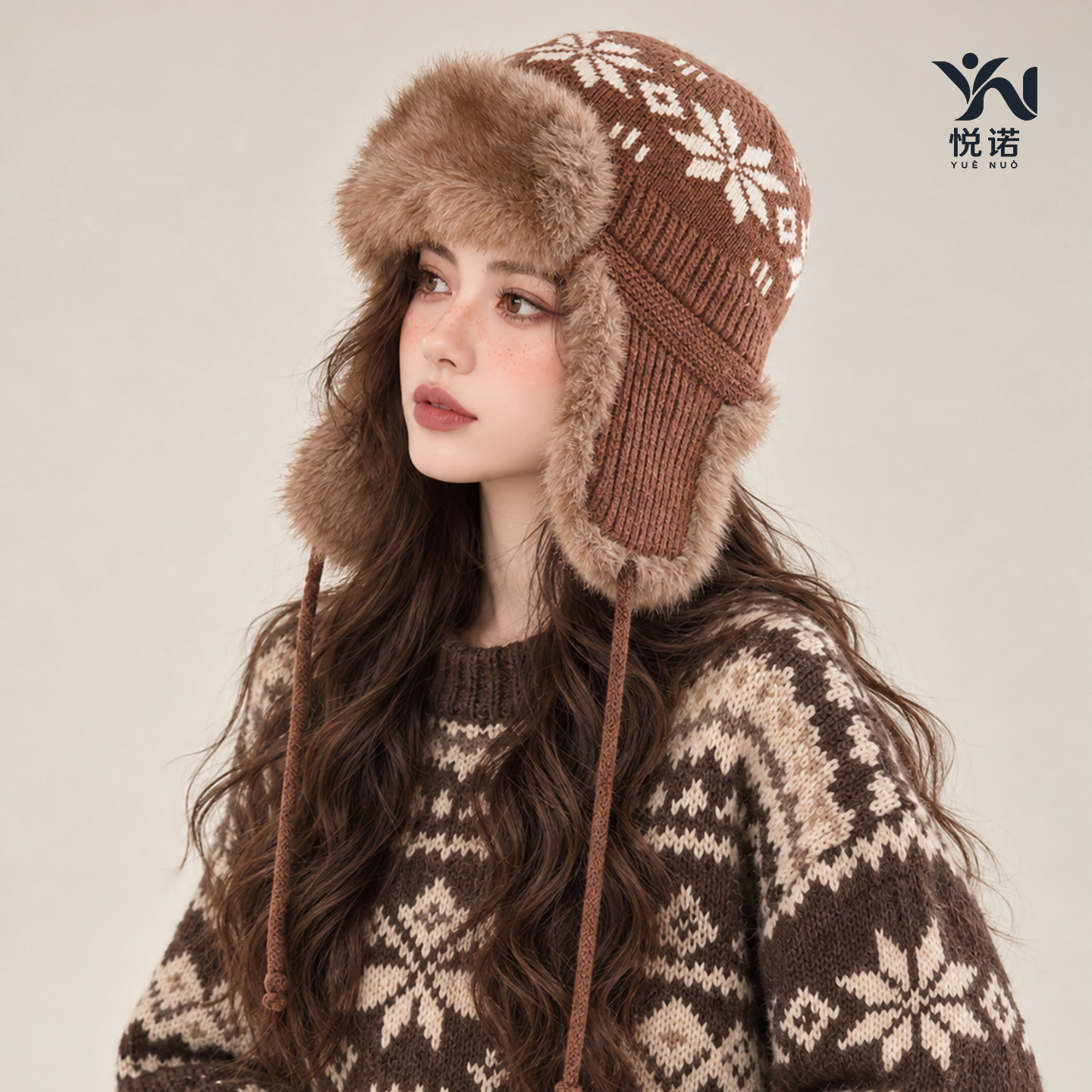 悦诺复古费尔岛提花针织护耳帽子女秋冬加绒厚保暖时尚毛线雷锋帽