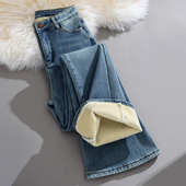 女加绒高腰修身 显瘦2025冬季 新款 微喇牛仔裤 加厚弹力马蹄喇叭裤 子