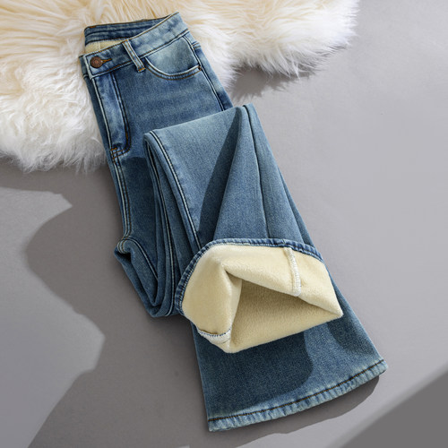 微喇牛仔裤女加绒高腰修身显瘦