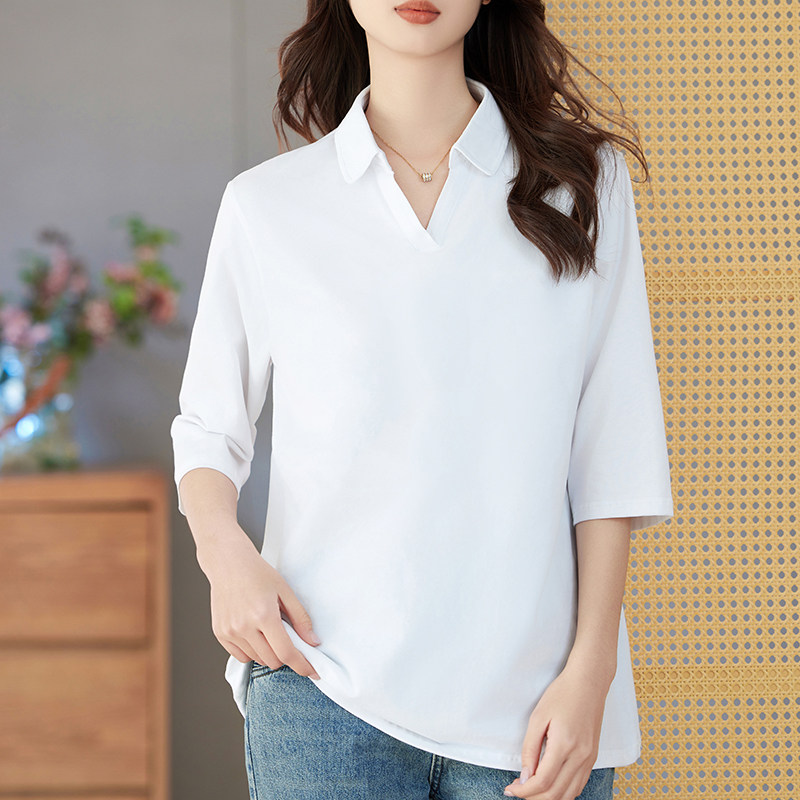 妮丝轩纺加肥加大码翻领女t恤春夏款七分袖胖mm宽松遮肚子打底衫