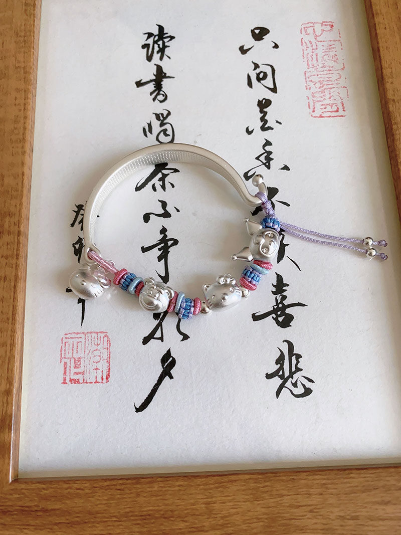 三丽鸥手镯凯蒂猫足银999半镯卡哇伊少女心浅蓝紫手链女孩礼物