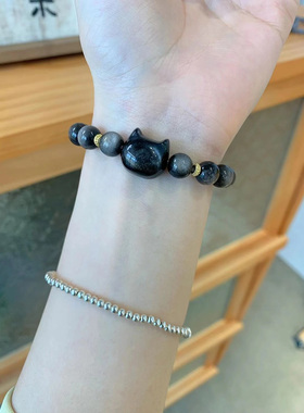 甜酷风银曜石手链无脸猫天然可爱猫咪的治愈手串银色细沙网红女神