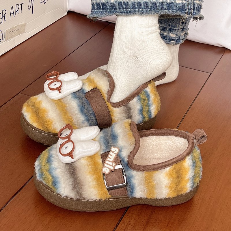 可爱卡通眼镜兔兔棉鞋女冬