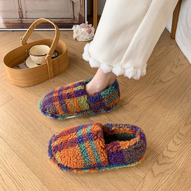 韩版时尚格子毛毛鞋女冬季