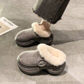 女冬保暖外穿包头拖懒人一脚蹬松糕棉拖鞋 时尚 皮带扣厚底雪地棉鞋