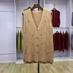660森女V领斑纹针织马甲背心女慵懒胖mm外搭大码ins毛衣秋冬