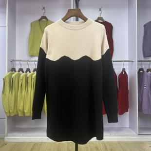 901 中长款毛衣女2024撞色加厚ins休闲宽松慵懒风针织连衣裙上衣