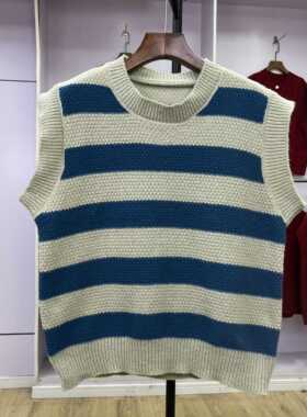 749 秋冬新款圆领条纹针织马甲女宽松休闲无袖毛衣背心坎肩外穿潮