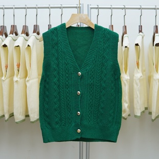 背心 坎肩开衫 642复古编织风V领麻花针织马甲女无袖 纯色百搭修身