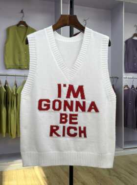 509 秋冬新款韩版学院风字母提花V领针织马甲女宽松无袖毛衣背心