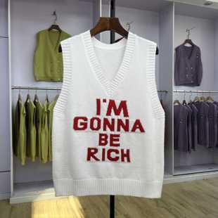 学院风字母提花V领针织马甲女宽松无袖 韩版 毛衣背心 秋冬新款 509