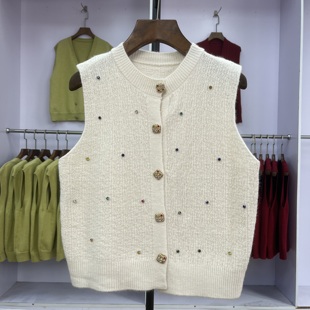 坎肩背心外搭开衫 春秋圆领钉珠无袖 上衣 针织马甲女2025新款 999