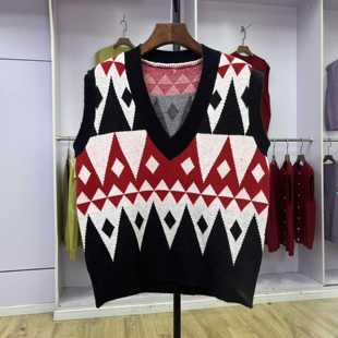 553复古叠穿新款 马甲背心女外穿毛衣 2024春秋宽松菱形格子针织衫