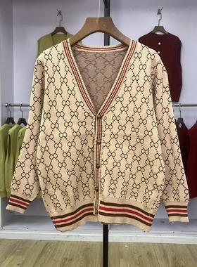 936 v领针织开衫外套女春秋装2024年新款韩版宽松复古风提花上衣