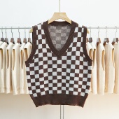 508 坎肩潮 时尚 学院风拼色格子背心女士2024秋冬季 外搭马甲短款