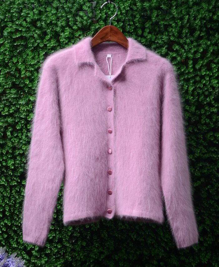 高端精品安哥拉超长毛绒绒兔毛紫红色甜美翻领开衫长袖加厚毛衣女