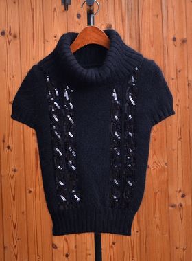 秋冬重工钉珠黑色大高领短袖毛衣女软糯亲肤显瘦百搭针织亮片上衣