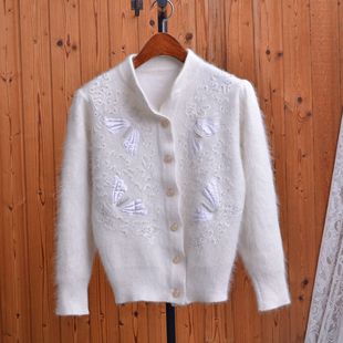 日系复古兔毛针织开衫女重工刺绣钉珠宽松立领温柔风上衣百搭显瘦