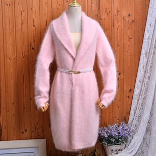 樱花粉兔毛翻领开衫女宽松慵懒风中长款软糯针织外套气质秋冬款