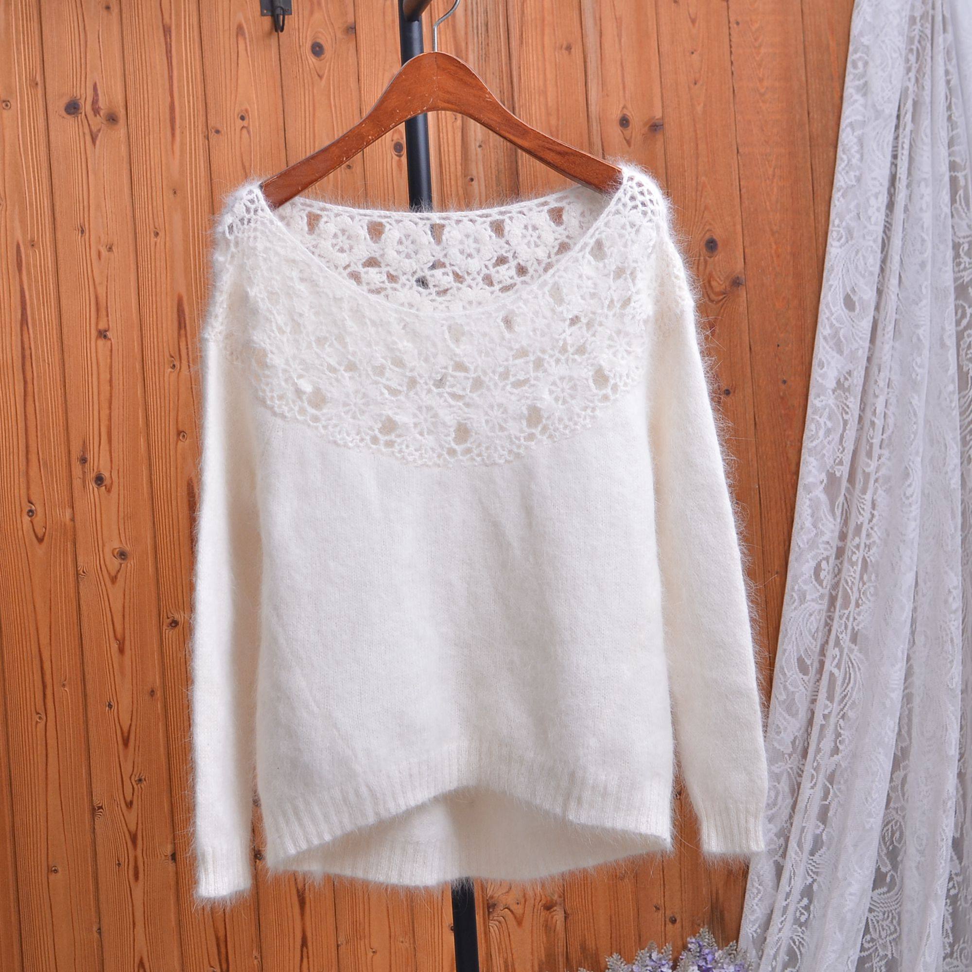 秋冬宽松一字领兔毛蕾丝拼接针织衫女仙气软糯白色套头毛衣上衣