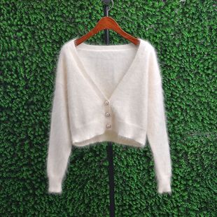 秋冬新品 纯白色松软大v领短款毛茸茸兔毛开衫小外套甜美毛衣女