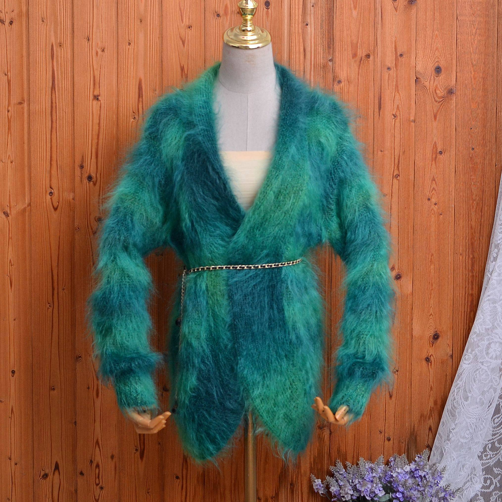 渐变蓝绿色浓密超长马海毛开衫女秋冬收腰慵懒风名媛气质时尚毛衣