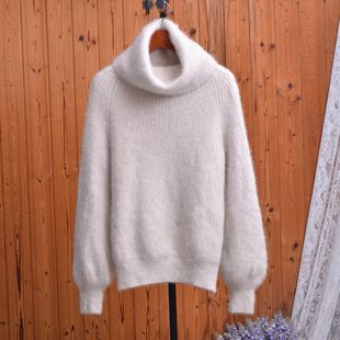 复古米杏色兔绒高领毛衣女加厚宽松灯笼袖堆堆领打底衫保暖内搭