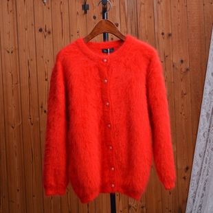 日系复古卢昱晓类似款氛围感安哥拉兔毛兔绒红色开衫外套毛衣女