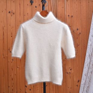 奶白色兔毛高领中袖毛衣女气质修身软糯内搭针织衫显瘦打底上衣