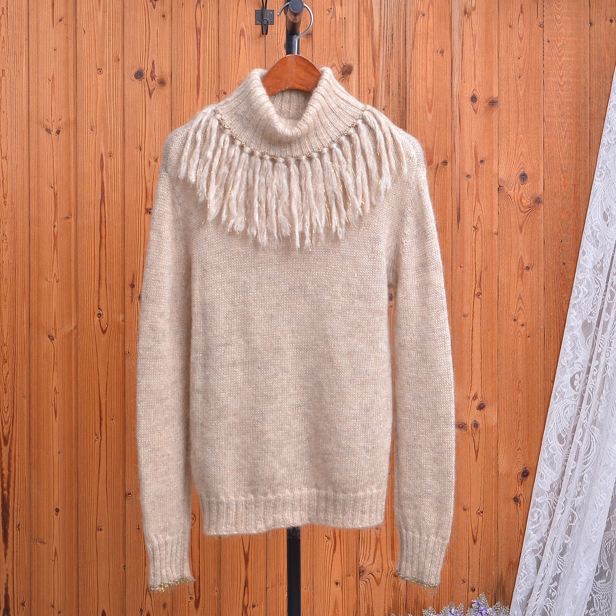 复古流苏高领马海毛毛衣女秋冬软糯米色针织衫气质显瘦设计感上衣