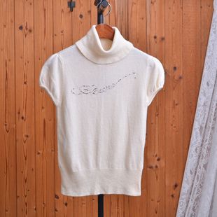 奈奈风米白色兔毛羊毛高领无袖针织衫女烫钻装饰修身显瘦毛衣女