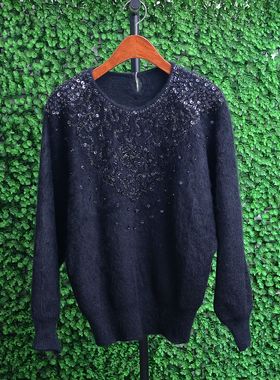 黑色兔毛套头毛衣女重工亮片钉珠圆领针织衫秋冬复古优雅气质上衣