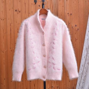 外贸原单仙美粉色刺绣兔毛开衫女立领单排扣温柔风针织外套毛衣