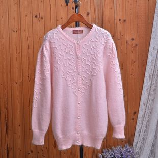 外贸原单仙美粉色马海毛羊毛针织开衫女珍珠扣宽松软糯温柔风外套