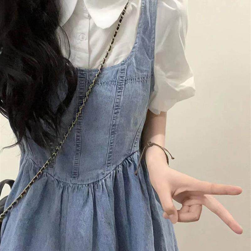 夏季穿搭一整套牛仔背带裙女学院风衬衫收腰吊带连衣裙子两件套装