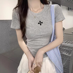 2026新款 小众气质百搭休闲外穿上衣女 t恤女夏季 正肩圆领纯棉短袖