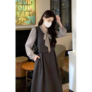 大码女装春秋季假两件法式长袖裙子胖mm遮肚显瘦气质学院风连衣裙