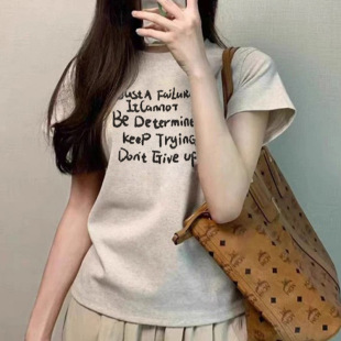 t恤女美式 简约字母设计感休闲百搭正肩圆领纯棉上衣 短袖 2026夏季