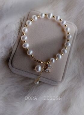 真珍珠手链淡水近圆白色简约小巧女18K包金保色ins小众设计包邮