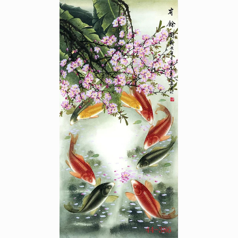 新中式国画绢布字画花鸟画酒店餐饮火锅墙壁画墙面贴画挂画九鱼图图片