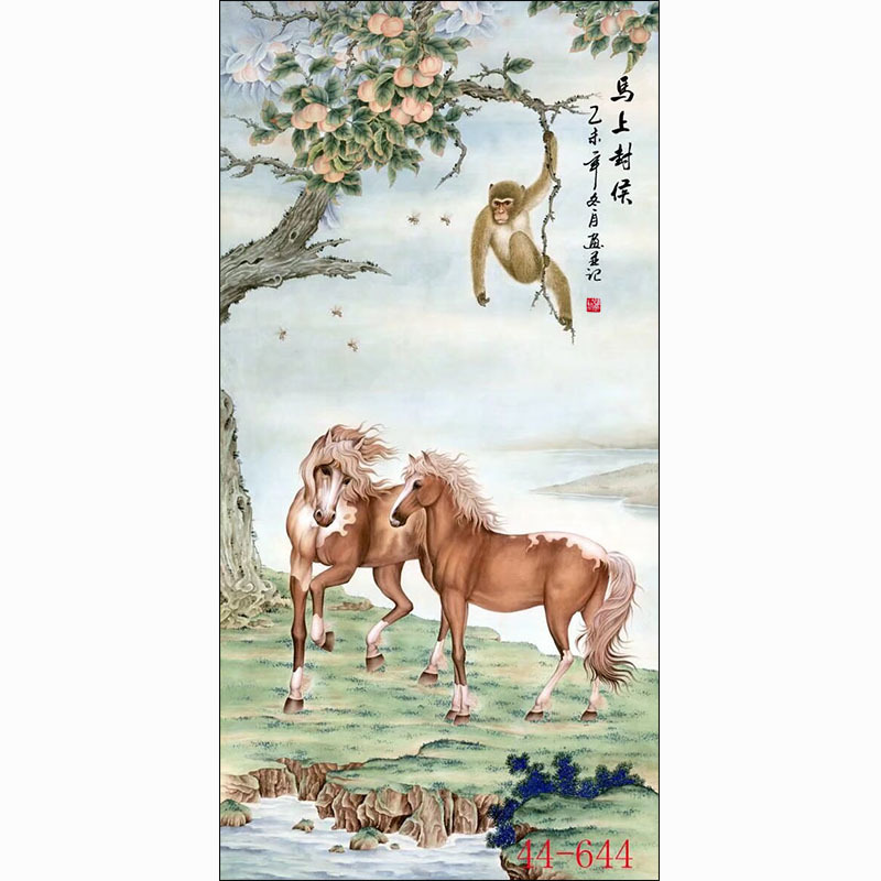 国画绢布字画动物走兽画客厅餐厅沙发背景墙墙面贴画挂画马上封候图片
