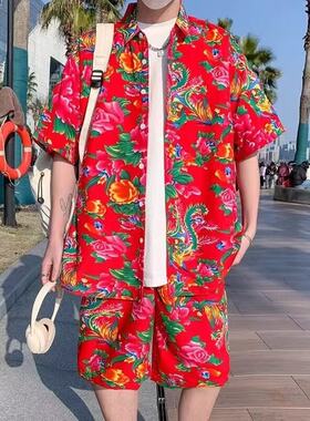 东北大花衬衫五分短裤套装男夏季薄款短袖衬衫一套搭配跨境两件套