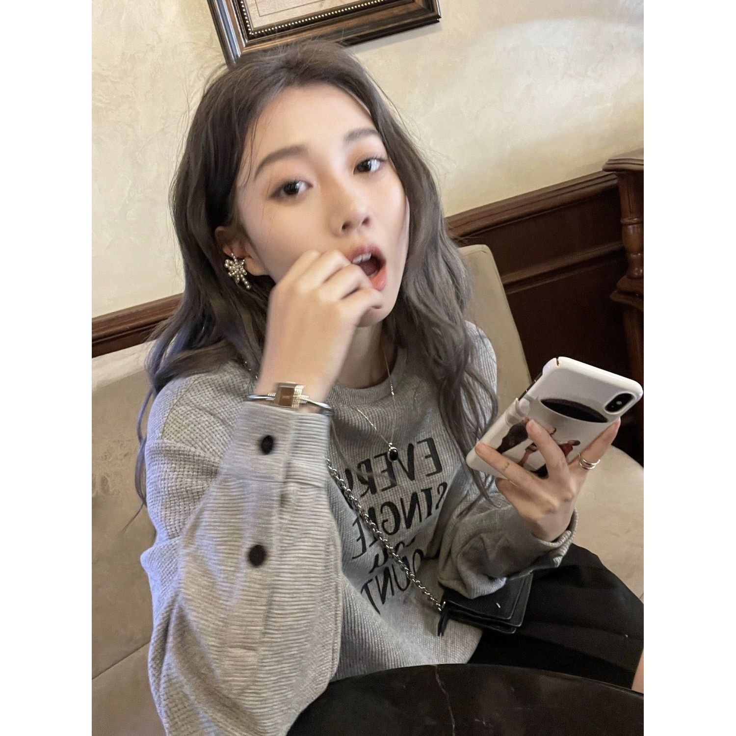 早秋薄款华夫格卫衣女大码胖mm长袖外套别致袖口ins上衣打底衫潮