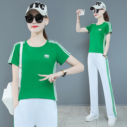 圆领短袖洋气休闲套装女夏款直筒裤两件套爱薄款跳舞运动服广场舞