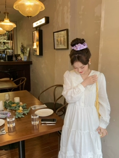 新款 白色打底赫本风长裙子 小香风连衣裙泡泡袖 DbyDoi春季 长袖 法式