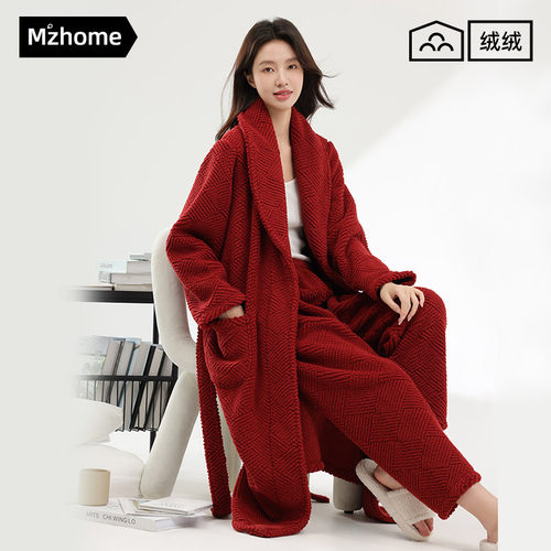 红色珊瑚绒睡衣女结婚情侣本命年女士睡袍浴袍长款加绒家居服