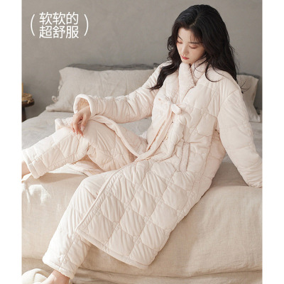 睡衣女冬天三层夹棉长款睡袍加绒加厚珊瑚绒大码家居服套装可外穿
