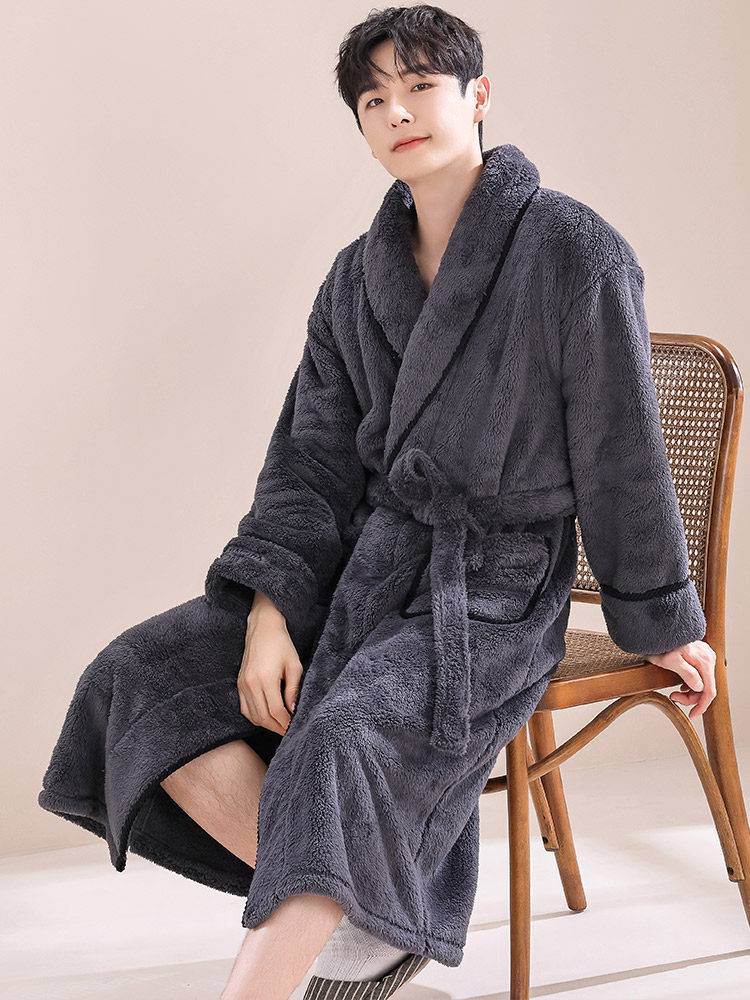 SPRING AND AUTUMN CORAL VELVET NIGHTGOWNS MENS LONG THICKENED VELVET COMFORT COTTON WOOL PAJAMAS WINTER LOUNGEWEAR BATHROBES MORNING ROBES