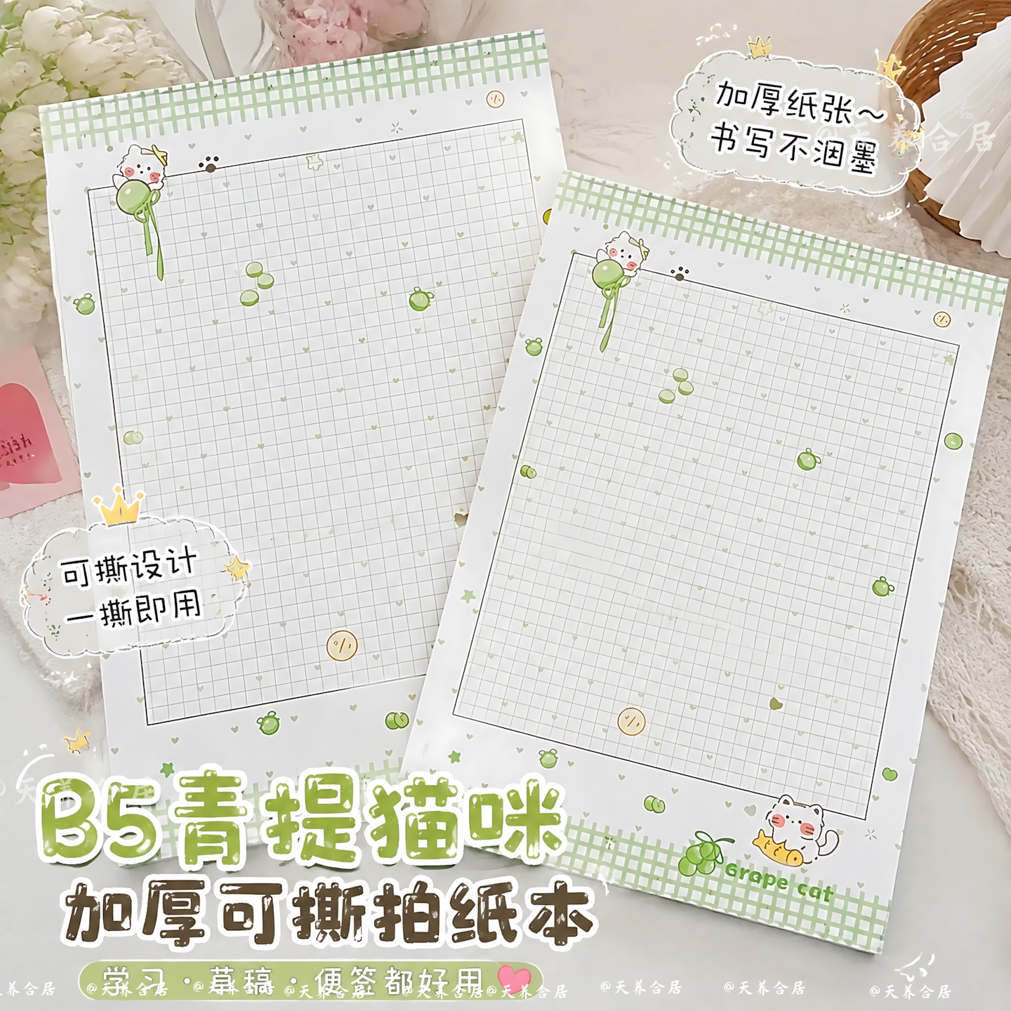 B5青提猫咪拍纸本信纸学习加厚草稿纸无粘性笔记事本少女心高颜值可撕女生ins风可爱小学生初中2026新款手帐