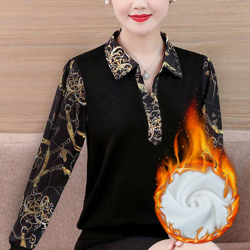 中年妈妈加绒印花t恤翻领打底衫